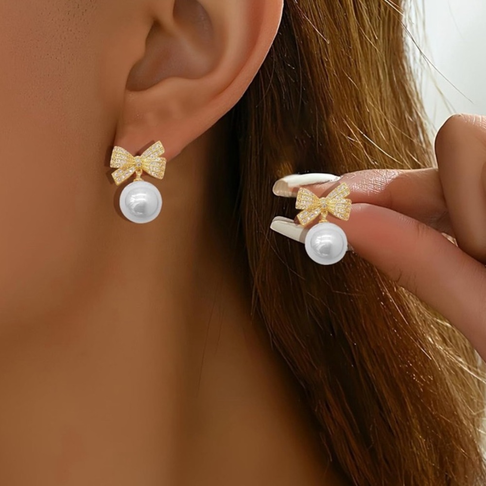 Coquette Girlhoodcore Gold Tone Bow and Faux Pearl Earrings